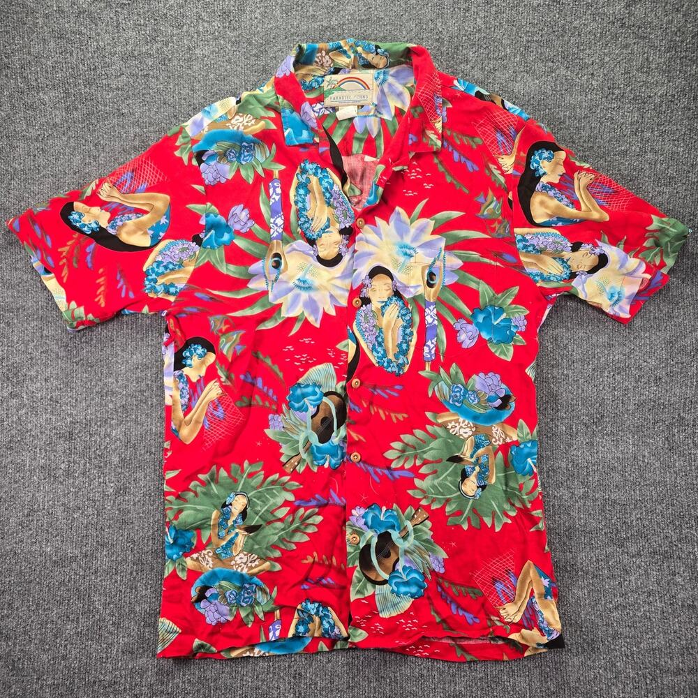 Vintage Paradise Found Hawaiian Shirt Mens Large Red Hawaii Music Girl Hula